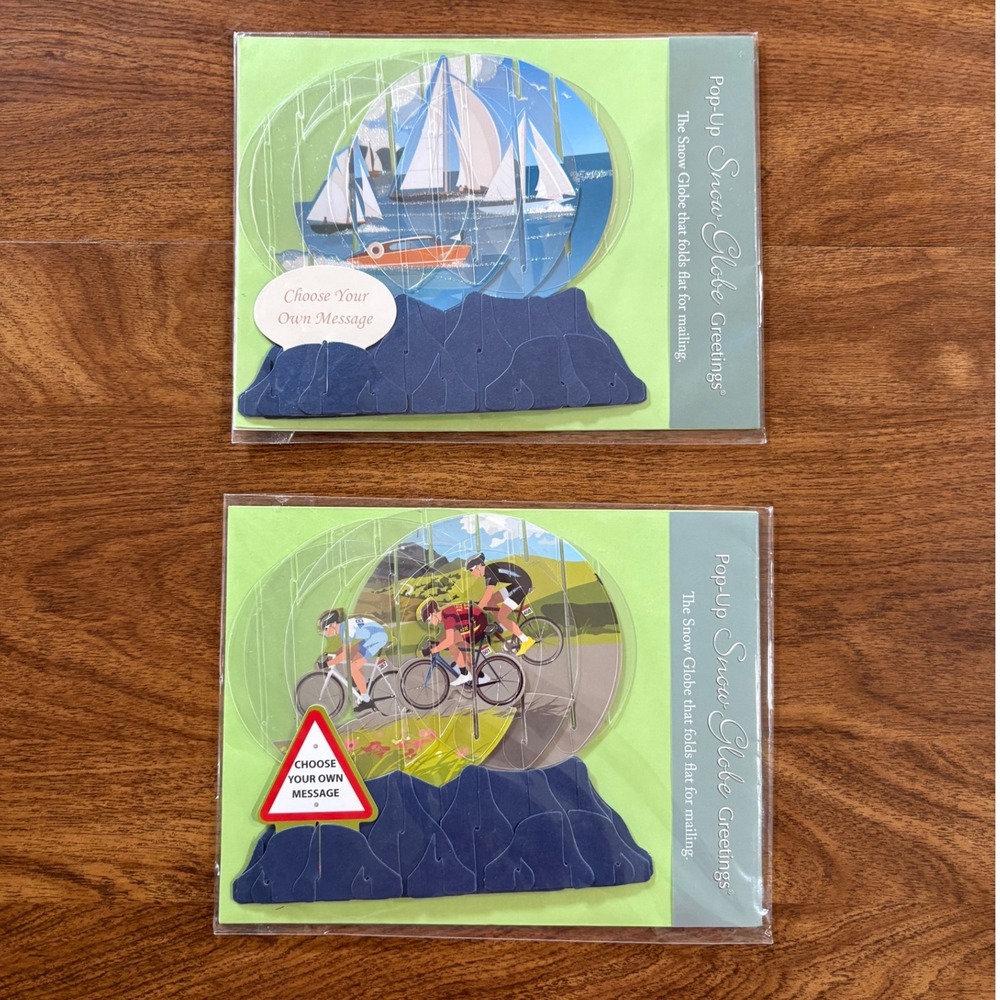 2 Pop Up Snow Globe Cards Stationery Bicycle Father's Day Birthday Retirement